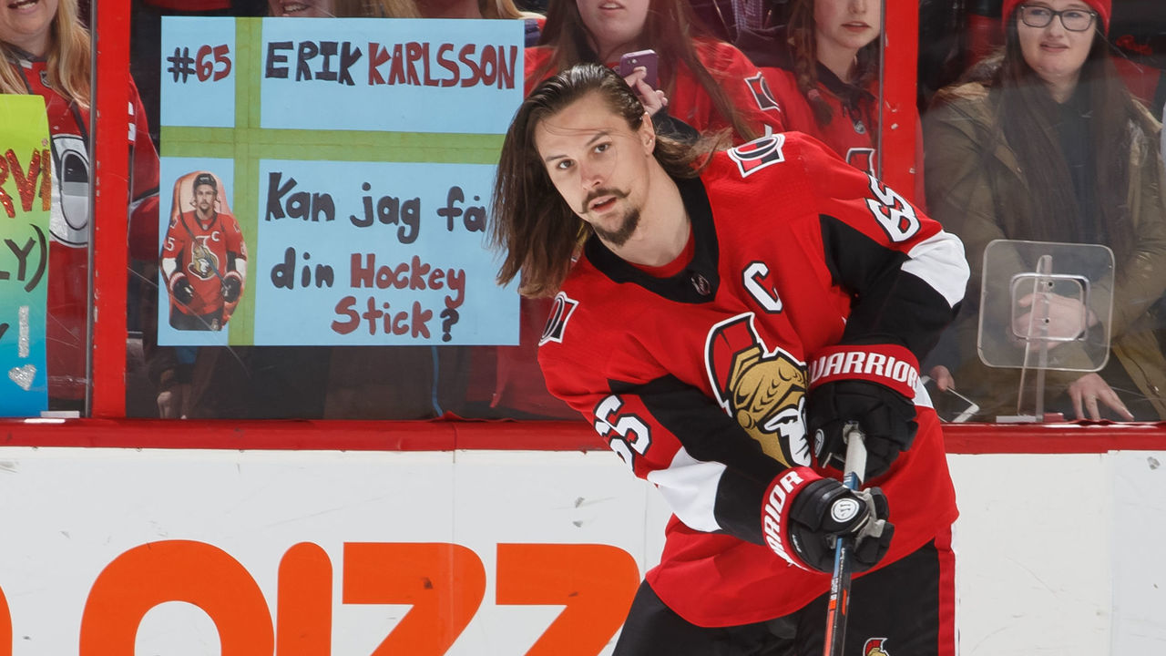 OTTAWA, ON - APRIL 2: Erik Karlsson #65 of the Ottawa Senators passes the puck during warmup prior to a game against the Winnipeg Jets at Canadian Tire Centre on April 2, 2018 in Ottawa, Ontario, Canada.