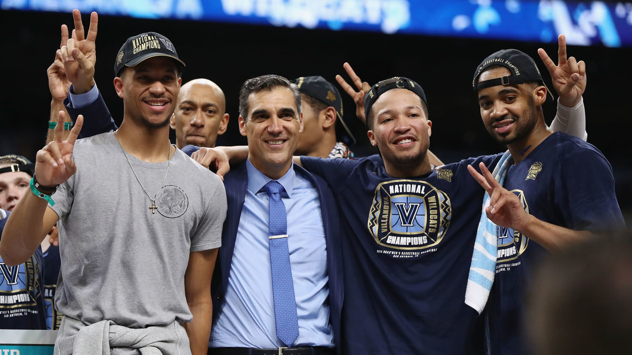SAN ANTONIO, TX - APRIL 02: Former Villanova Wildcats player Josh Hart of the Los Angeles Lakers celebrates with head coach Jay Wright, Jalen Brunson #1 and Phil Booth #5 after defeating the Michigan Wolverines during the 2018 NCAA Men's Final Four National Championship game at the Alamodome on April 2, 2018 in San Antonio, Texas. Villanova defeated Michigan 79-62.
