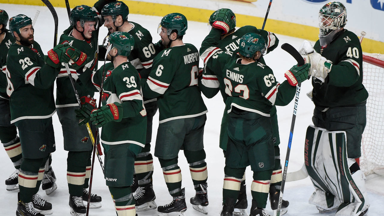 ST PAUL, MN - APRIL 2: The Minnesota Wild celebrate defeating Edmonton Oilers 3-0 after the game on April 2, 2018 at Xcel Energy Center in St Paul, Minnesota. The Wild defeated the Oilers 3-0.