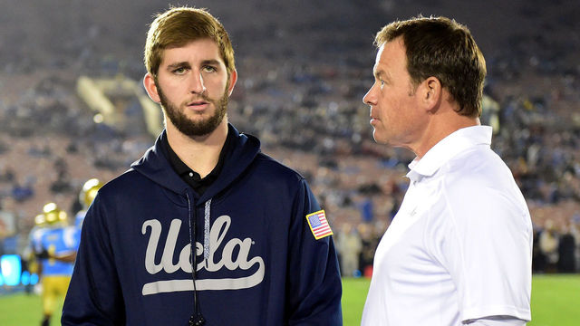 PASADENA, CA - NOVEMBER 19: Injured quarterback Josh Rosen #3 of the UCLA Bruins and Head Coach Jim Mora on the sidelines before the game against the USC Trojans at Rose Bowl on November 19, 2016 in Pasadena, California.