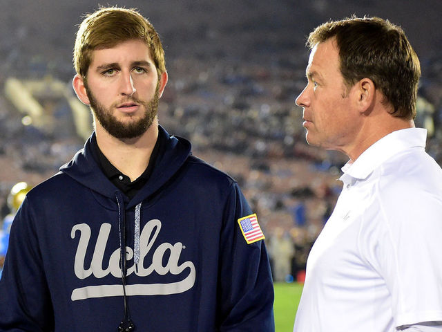 PASADENA, CA - NOVEMBER 19: Injured quarterback Josh Rosen #3 of the UCLA Bruins and Head Coach Jim Mora on the sidelines before the game against the USC Trojans at Rose Bowl on November 19, 2016 in Pasadena, California.