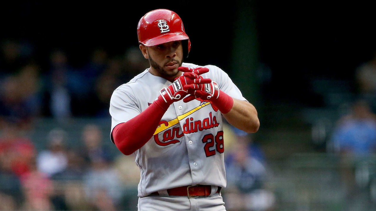MILWAUKEE, WI - AUGUST 29: Tommy Pham #28 of the St. Louis Cardinals celebrates after hitting a double in the first inning against the Milwaukee Brewers at Miller Park on August 29, 2017 in Milwaukee, Wisconsin.