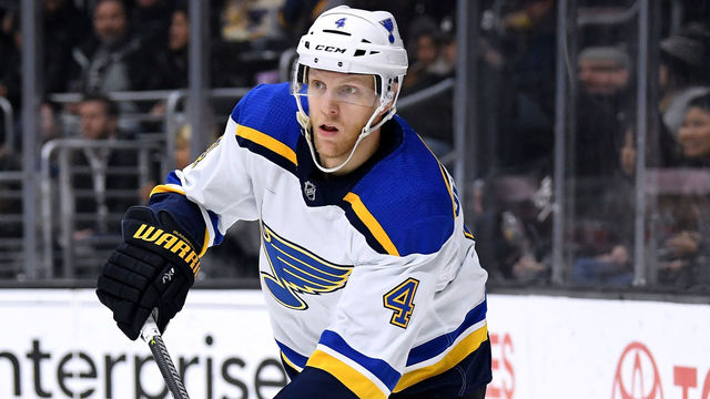 LOS ANGELES, CA - MARCH 10: Carl Gunnarsson #4 of the St. Louis Blues prepares to pass against the Los Angeles Kings at Staples Center on March 10, 2018 in Los Angeles, California.