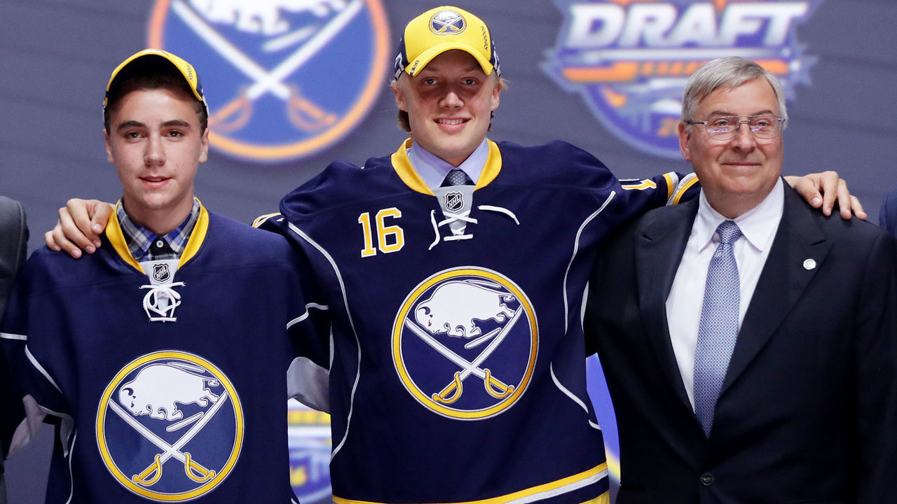 BUFFALO, NY - JUNE 24: Alexander Nylander celebrates with the Buffalo Sabres after being selected eighth overall during round one of the 2016 NHL Draft on June 24, 2016 in Buffalo, New York.