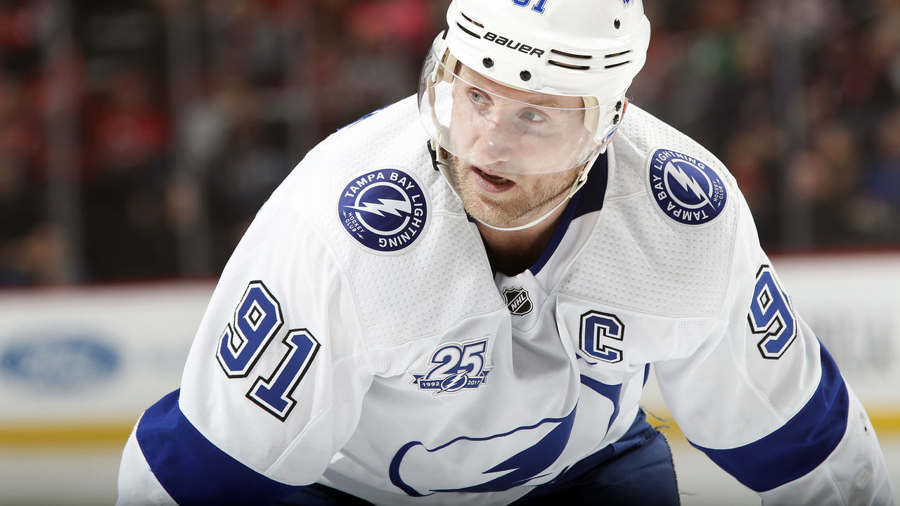 NEWARK, NJ - MARCH 24: Steven Stamkos #91 of the Tampa Bay Lightning during a break in action against the New Jersey Devils during the third period at the Prudential Center on March 24, 2018 in Newark, New Jersey. The Devils won 2-1.