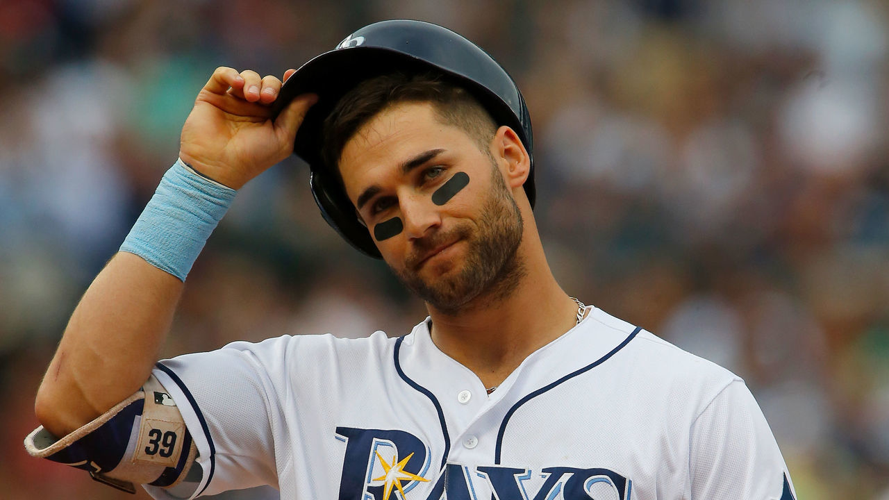 NEW YORK, NY - SEPTEMBER 13: Kevin Kiermaier #39 of the Tampa Bay Rays looks on after flying out to end the seventh inning against the New York Yankees at Citi Field on September 13, 2017 in the Flushing neighborhood of the Queens borough of New York City. The two teams were scheduled to play in St. Petersburg, Florida but due to the weather emergency caused by Hurricane Irma, the game was moved to New York, but with Tampa Bay remaining the 'home' team.