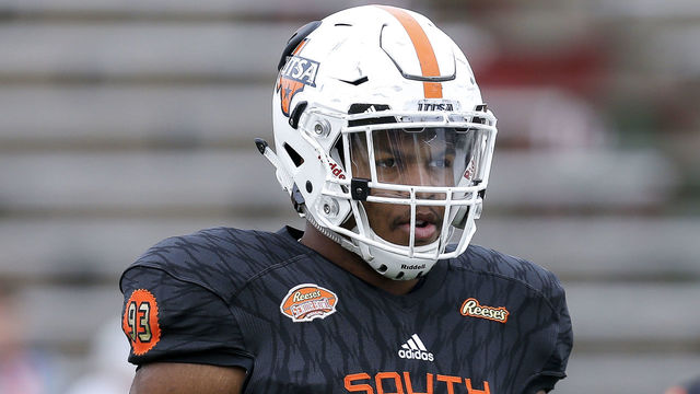 MOBILE, AL - JANUARY 27: Defensive End Marcus Davenport #93 of the Texas-San Antonio on the South Team looks on during the 2018 Resse's Senior Bowl at Ladd-Peebles Stadium on January 27, 2018 in Mobile, Alabama. The South defeated the North 45 to 16.