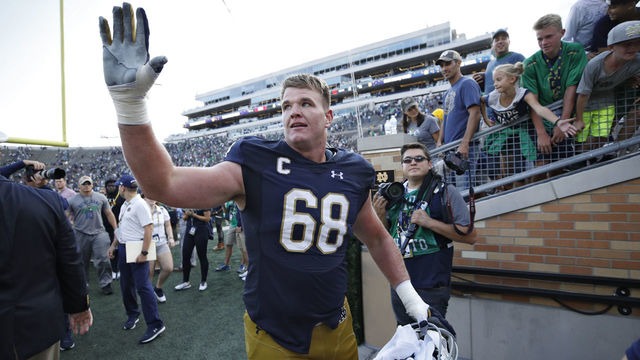 SOUTH BEND, IN - SEPTEMBER 02: Mike McGlinchey #68 of the Notre Dame Fighting Irish celebrates as he leaves the field following a game against the Temple Owls at Notre Dame Stadium on September 2, 2017 in South Bend, Indiana. The Irish won 49-16.