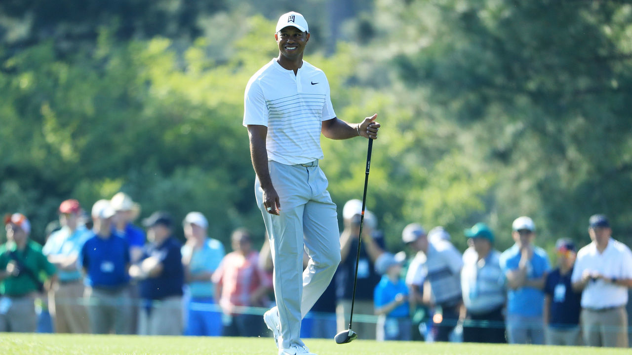 AUGUSTA, GA - APRIL 03: Tiger Woods of the United States looks on during a practice round prior to the start of the 2018 Masters Tournament at Augusta National Golf Club on April 3, 2018 in Augusta, Georgia.