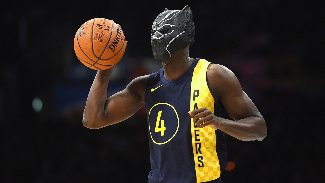 LOS ANGELES, CA - FEBRUARY 17: Victor Oladipo #4 of the Indiana Pacers, wearing a mask from Marvel's Black Panther, competes in the 2018 Verizon Slam Dunk Contest at Staples Center on February 17, 2018 in Los Angeles, California.