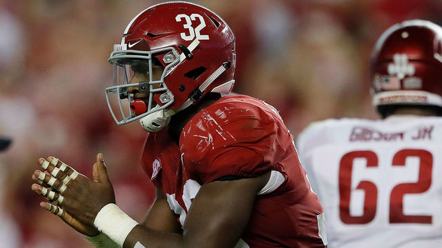 TUSCALOOSA, AL - OCTOBER 14: Rashaan Evans #32 of the Alabama Crimson Tide reacts after sacking Cole Kelley #15 of the Arkansas Razorbacks at Bryant-Denny Stadium on October 14, 2017 in Tuscaloosa, Alabama.