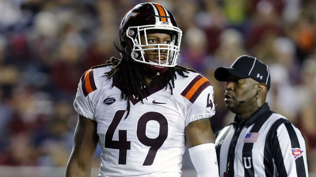 CHESTNUT HILL, MA - OCTOBER 07: Virginia Tech linebacker Tremaine Edmunds (49) during a game between the Boston College Eagles and the Virginia Tech Hokies on October 7, 2017, at Alumni Stadium in Chestnut Hill, Massachusetts. The Hokies beat the Eagles 23-10.