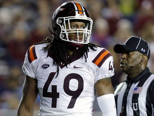 CHESTNUT HILL, MA - OCTOBER 07: Virginia Tech linebacker Tremaine Edmunds (49) during a game between the Boston College Eagles and the Virginia Tech Hokies on October 7, 2017, at Alumni Stadium in Chestnut Hill, Massachusetts. The Hokies beat the Eagles 23-10.