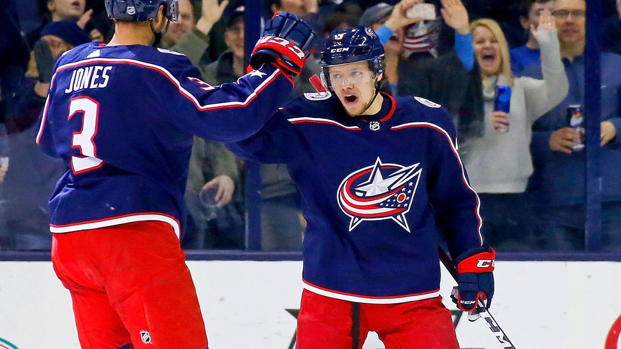 COLUMBUS, OH - MARCH 12: Artemi Panarin #9 of the Columbus Blue Jackets congratulates Seth Jones #3 of the Columbus Blue Jackets after scoring a power play goal during the first period of the game against the Montreal Canadiens on March 12, 2018 at Nationwide Arena in Columbus, Ohio.