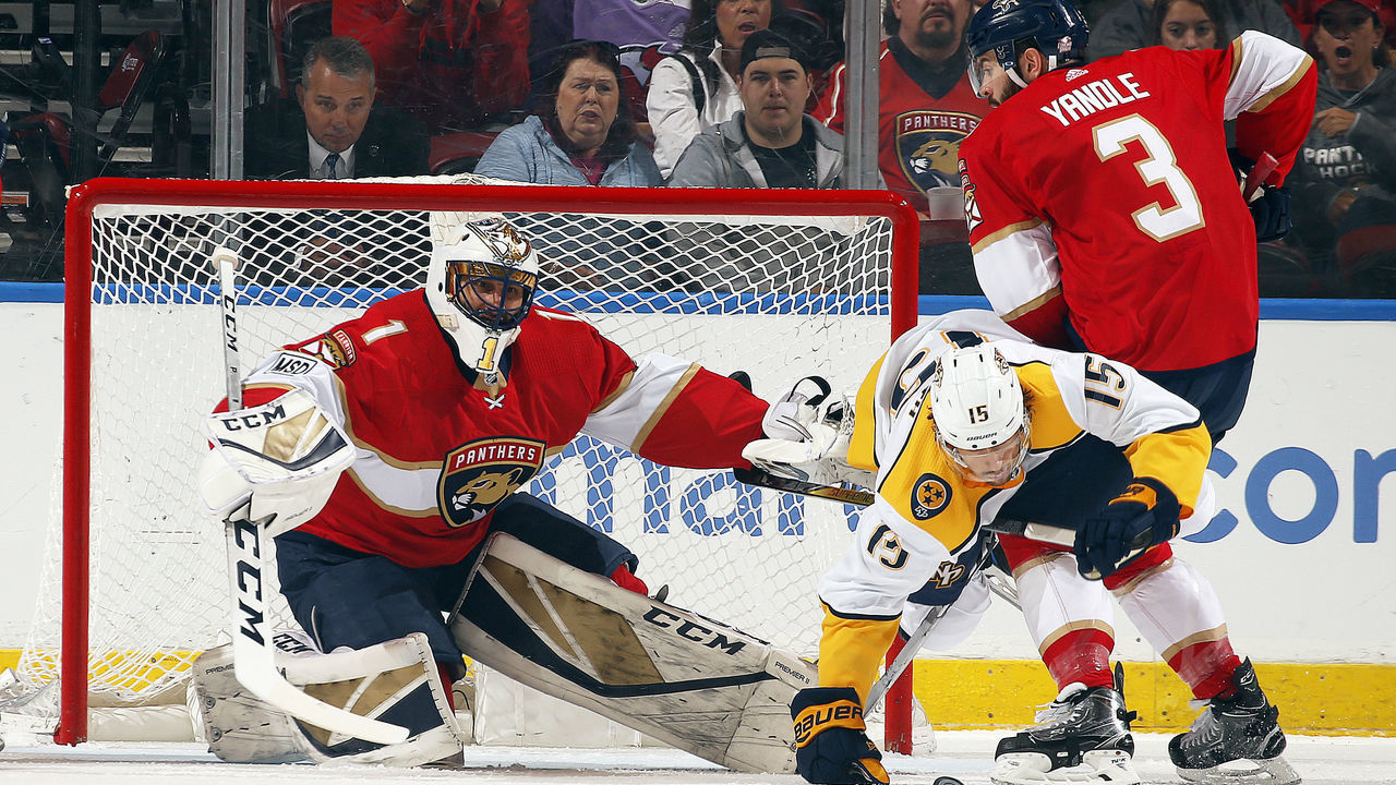 SUNRISE, FL - APRIL 3: Goaltender Roberto Luongo #1 of the Florida Panthers defends the net with the help of teammate Keith Yandle #3 against Craig Smith #15 of the Nashville Predators at the BB&T Center on April 3, 2018 in Sunrise, Florida.