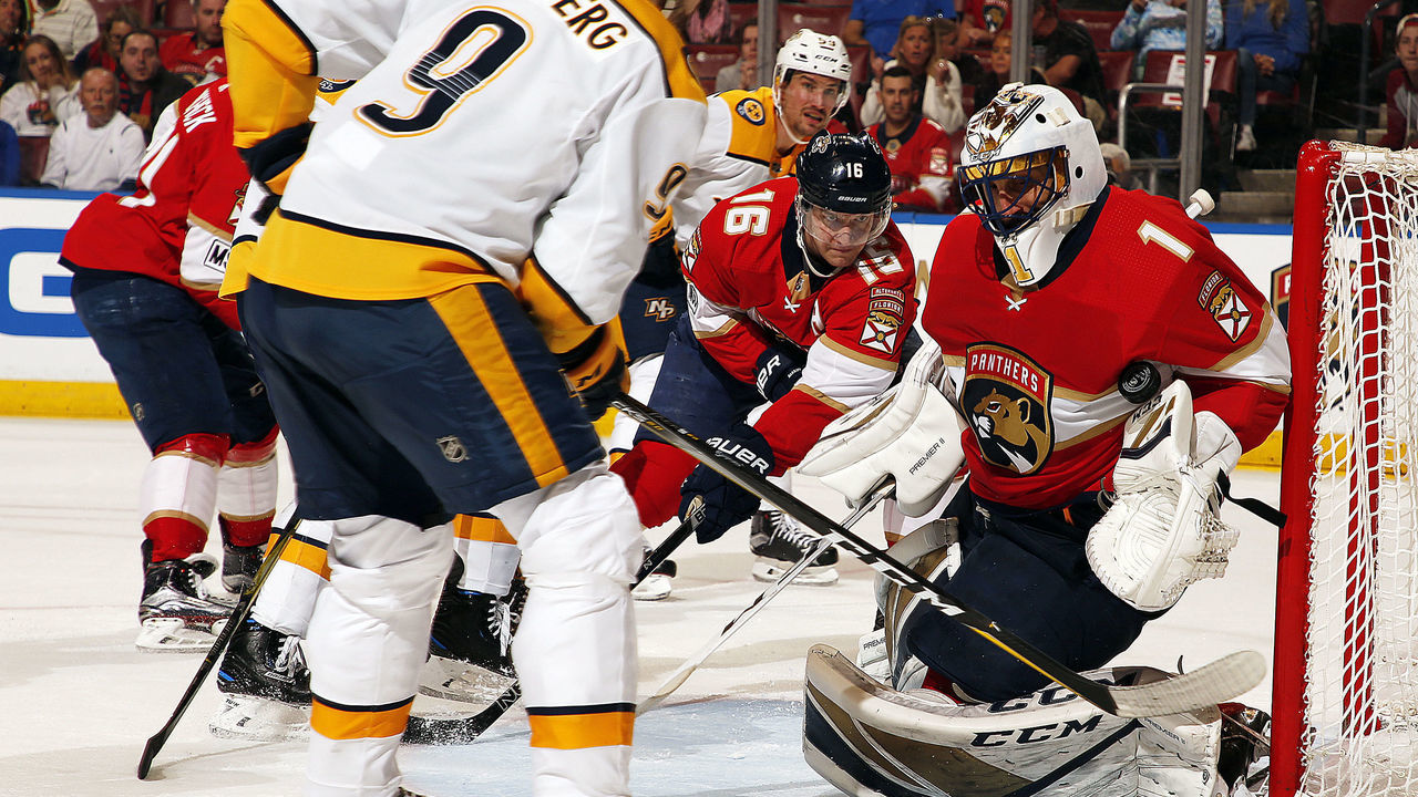 SUNRISE, FL - APRIL 3: Goaltender Roberto Luongo #1 of the Florida Panthers defends the net against Filip Forsberg #9 of the Nashville Predators at the BB&T Center on April 3, 2018 in Sunrise, Florida.