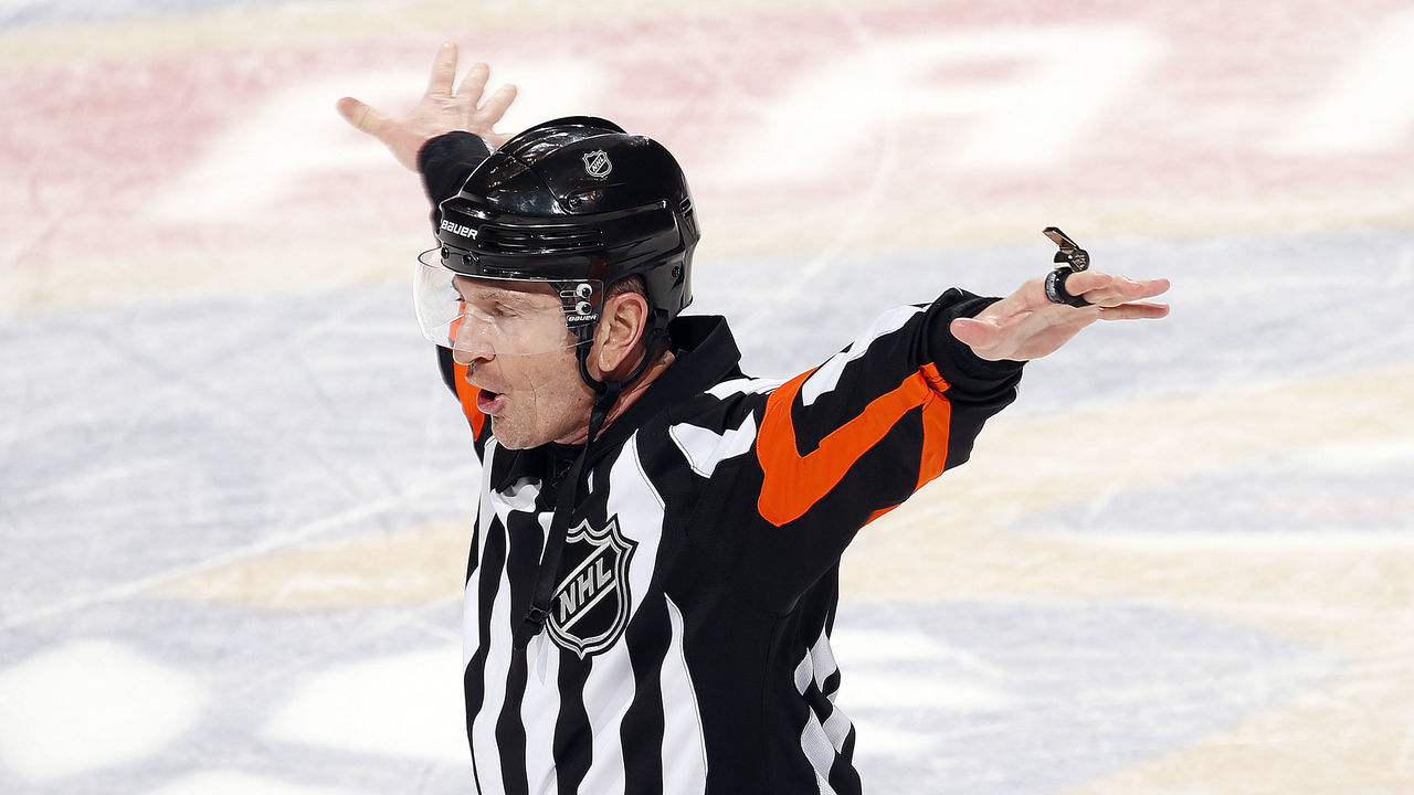 SUNRISE, FL - APRIL 3: NHL Referee Tim Peal #20 gives the signal for a disallowed goal by Nashville Predators that would have tied the game against the Florida Panthers. The Panthers win 2-1 at the BB&T Center on April 3, 2018 in Sunrise, Florida.