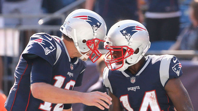 FOXBORO, MA - SEPTEMBER 24: Tom Brady #12 reacts with Brandin Cooks #14 of the New England Patriots after a touchdown during the third quarter of a game against the Houston Texans at Gillette Stadium on September 24, 2017 in Foxboro, Massachusetts.