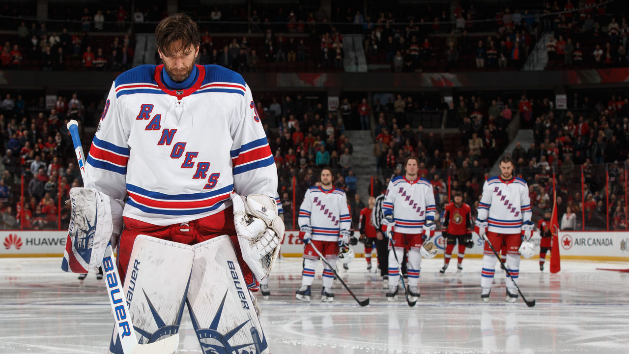 OTTAWA, ON - DECEMBER 13: Henrik Lundqvist #30 of the New York Rangers during the singing of the national anthems prior to a game against the Ottawa Senators at Canadian Tire Centre on December 13, 2017 in Ottawa, Ontario, Canada.