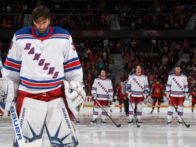 OTTAWA, ON - DECEMBER 13: Henrik Lundqvist #30 of the New York Rangers during the singing of the national anthems prior to a game against the Ottawa Senators at Canadian Tire Centre on December 13, 2017 in Ottawa, Ontario, Canada.