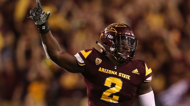 TEMPE, AZ - SEPTEMBER 23: Linebacker Christian Sam #2 of the Arizona State Sun Devils celebrates during the final moments of the second half of the college football game against the Oregon Ducks at Sun Devil Stadium on September 23, 2017 in Tempe, Arizona. The Sun Devils defeated the Ducks 37-35.