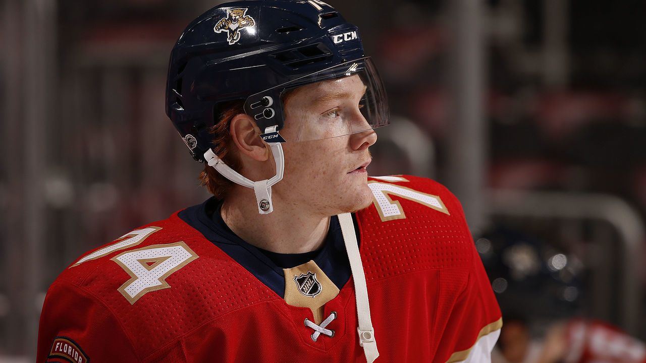 SUNRISE, FL - OCTOBER 30: Owen Tippett #74 of the Florida Panthers skates on the ice prior to the start of the game against the Tampa Bay Lightning at the BB&T Center on October 30, 2017 in Sunrise, Florida.