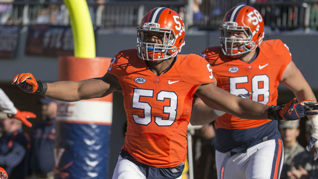 CHARLOTTESVILLE, VA - NOVEMBER 12: Micah Kiser #53 of the Virginia Cavaliers celebrates in the end zone during Virginia's game against the Miami Hurricanes at Scott Stadium on November 12, 2016 in Charlottesville, Virginia.