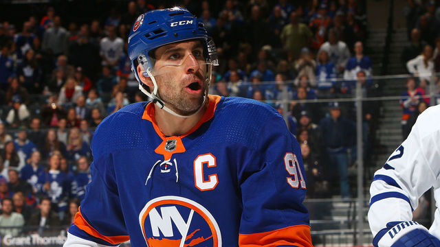 NEW YORK, NY - MARCH 30: John Tavares #91 of the New York Islanders reacts against the Toronto Maple Leafs at Barclays Center on March 30, 2018 in New York City. Toronto Maple Leafs defeated the New York Islanders 4-3