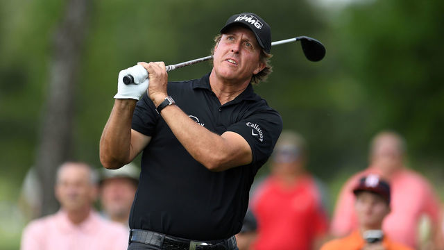 HUMBLE, TX - APRIL 01: Phil Mickelson hits his second shot on the eighth hole during the final round of the Houston Open at the Golf Club of Houston on April 1, 2018 in Humble, Texas.