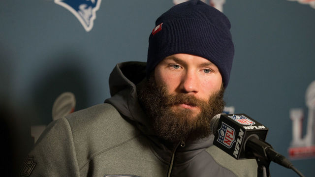 HOUSTON, TX - JANUARY 31: Julian Edelman of the New England Patriots answers questions during Super Bowl LI media availability at the J.W. Marriott on January 31, 2017 in Houston, Texas.
