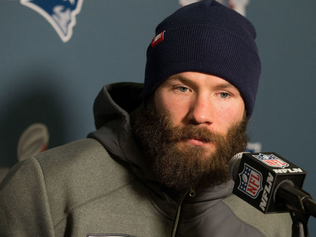 HOUSTON, TX - JANUARY 31: Julian Edelman of the New England Patriots answers questions during Super Bowl LI media availability at the J.W. Marriott on January 31, 2017 in Houston, Texas.