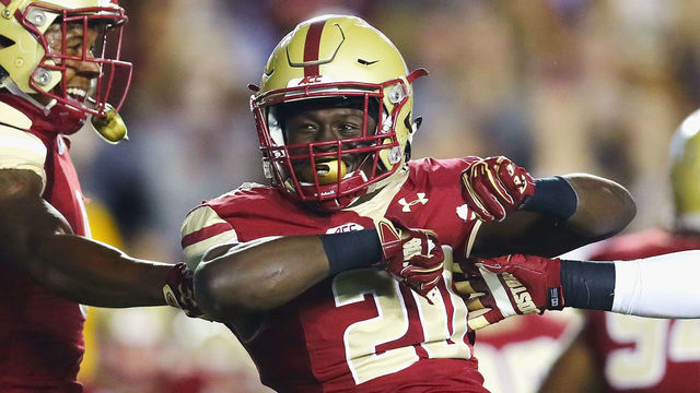 CHESTNUT HILL, MA - OCTOBER 07: Isaac Yiadom #20 of the Boston College Eagles celebrates after intercepting a pass during the first quarter against the Virginia Tech Hokies at Alumni Stadium on October 7, 2017 in Chestnut Hill, Massachusetts.