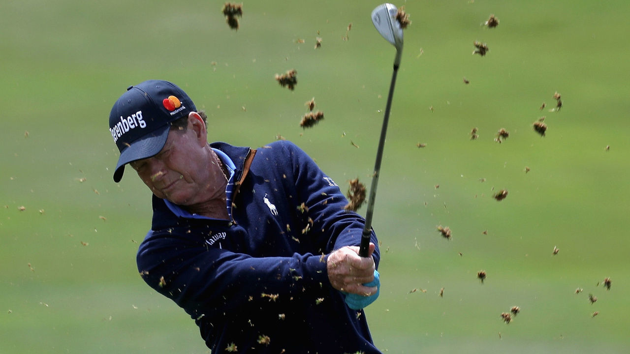 STERLING, VA - MAY 26: Tom Watson hits into the seventh green during Round 2 of the Senior PGA Championship at Trump National Golf Club on May 26, 2017 in Sterling, Virginia.
