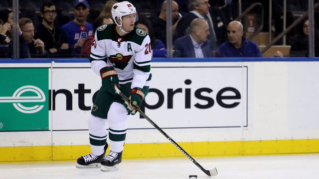 NEW YORK, NY - FEBRUARY 23: Ryan Suter #20 of the Minnesota Wild skates with the puck in the second period against the New York Rangers during their game at Madison Square Garden on February 23, 2018 in New York City.