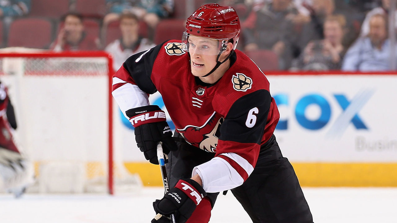 GLENDALE, AZ - JANUARY 16: Jakob Chychrun #6 of the Arizona Coyotes skates with the puck during the third period of the NHL game against the San Jose Sharks at Gila River Arena on January 16, 2018 in Glendale, Arizona. The Sharks defeated the Coyotes 3-2 in an overtime shootout.