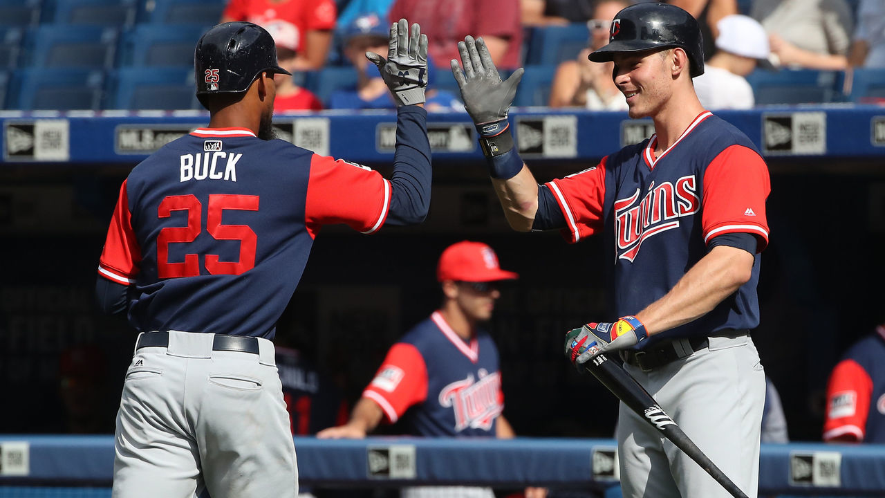 TORONTO, ON - AUGUST 27: Byron Buxton #25 of the Minnesota Twins is congratulated by Max Kepler #26 after hitting his third home run of the game a solo home run in the ninth inning during MLB game action against the Toronto Blue Jays at Rogers Centre on August 27, 2017 in Toronto, Canada.