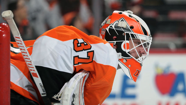 PHILADELPHIA, PA - FEBRUARY 08: Brian Elliott #37 of the Philadelphia Flyers looks on against the Montreal Canadiens on February 8, 2018 at the Wells Fargo Center in Philadelphia, Pennsylvania.