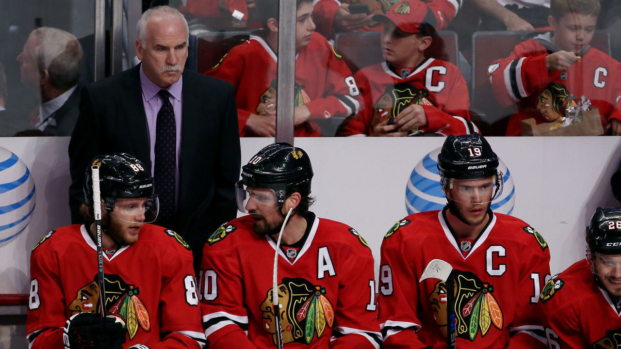 CHICAGO, IL - MAY 21: Head Coach Joel Quenneville of the Chicago Blackhawks looks on fromthe bench against the Anaheim Ducks in Game Three of the Western Conference Finals during the 2015 NHL Stanley Cup Playoffs at the United Center on May 21, 2015 in Chicago, Illinois.