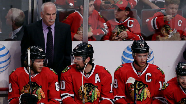 CHICAGO, IL - MAY 21: Head Coach Joel Quenneville of the Chicago Blackhawks looks on fromthe bench against the Anaheim Ducks in Game Three of the Western Conference Finals during the 2015 NHL Stanley Cup Playoffs at the United Center on May 21, 2015 in Chicago, Illinois.