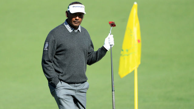 AUGUSTA, GA - APRIL 05: Vijay Singh of Fiji walks across the second green during the first round of the 2018 Masters Tournament at Augusta National Golf Club on April 5, 2018 in Augusta, Georgia.