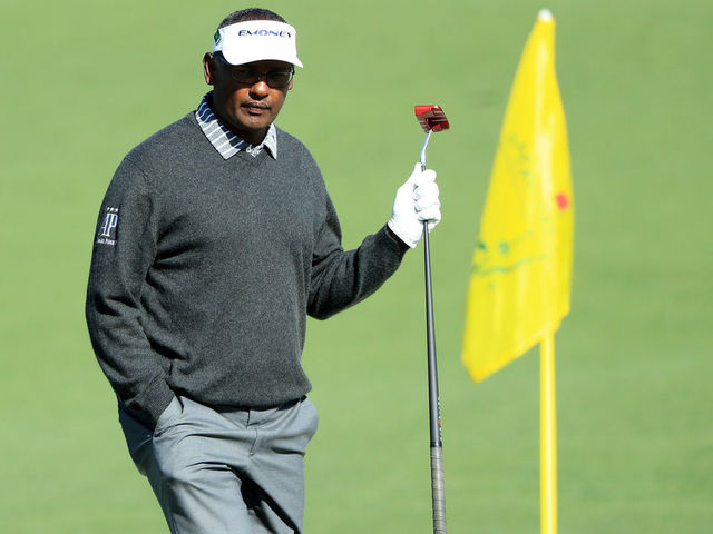 AUGUSTA, GA - APRIL 05: Vijay Singh of Fiji walks across the second green during the first round of the 2018 Masters Tournament at Augusta National Golf Club on April 5, 2018 in Augusta, Georgia.