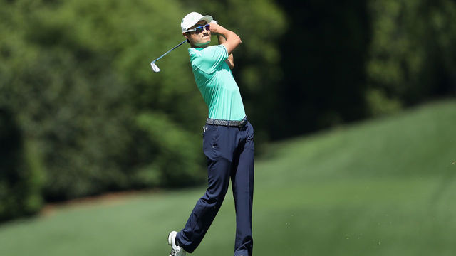 AUGUSTA, GA - APRIL 05: Haotong Li of China plays his second shot on the fifth hole during the first round of the 2018 Masters Tournament at Augusta National Golf Club on April 5, 2018 in Augusta, Georgia.