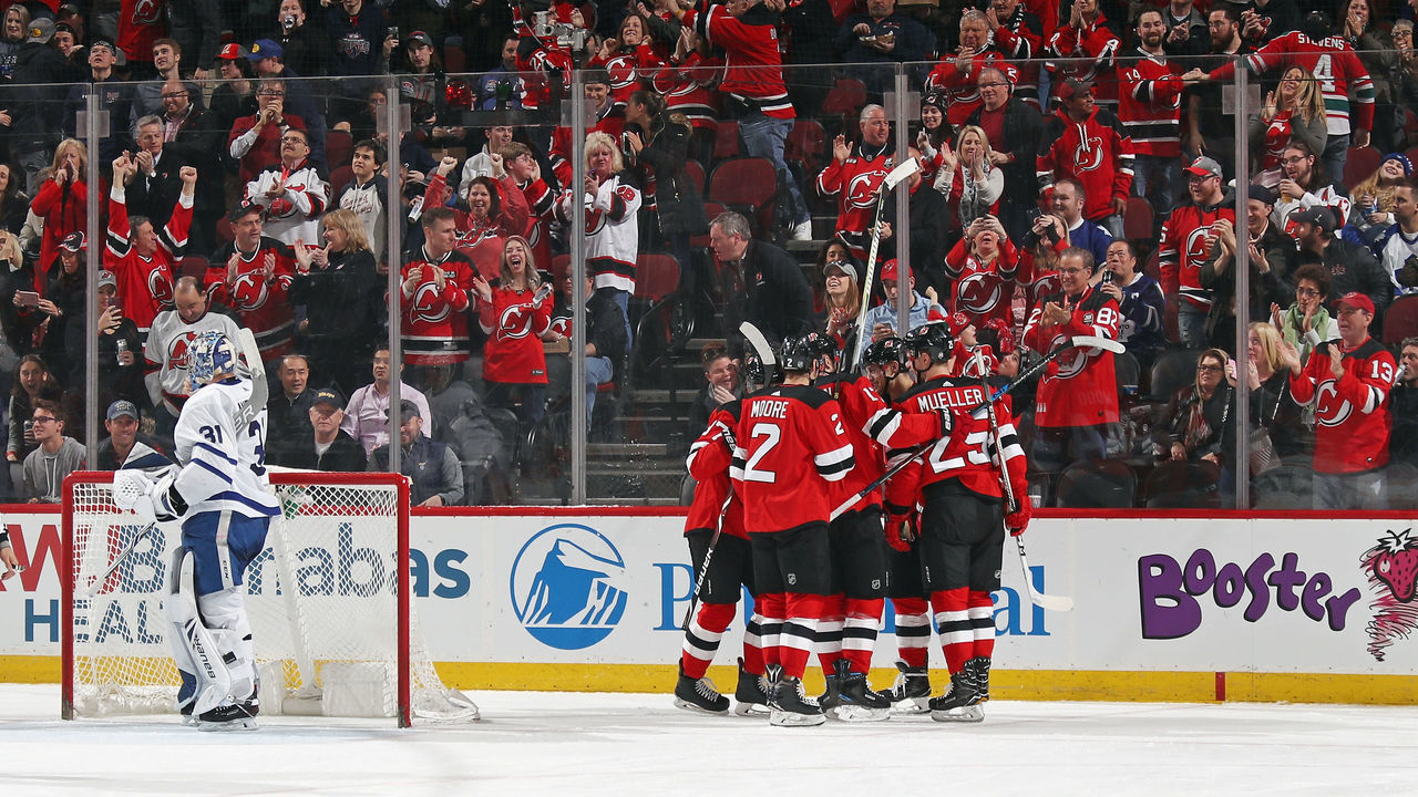 NEWARK, NJ - APRIL 05: The New Jersey Devils celebrate a goal by Pavel Zacha #37 at 7:55 of the second period against the Toronto Maple Leafs at the Prudential Center on April 5, 2018 in Newark, New Jersey.