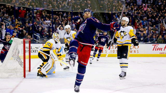 COLUMBUS, OH - APRIL 5: Boone Jenner #38 of the Columbus Blue Jackets celebrates after scoring a power play goal during the second period of the game against the Pittsburgh Penguins on April 5, 2018 at Nationwide Arena in Columbus, Ohio.