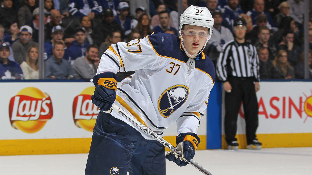 TORONTO, ON - APRIL 2: Casey Mittelstadt #37 of the Buffalo Sabres skates against the Toronto Maple Leafs during an NHL game at the Air Canada Centre on April 2, 2018 in Toronto, Ontario, Canada. The Maple Leafs defeated the Sabres 5-2. *** Local Caption *** Casey Mittelstadt