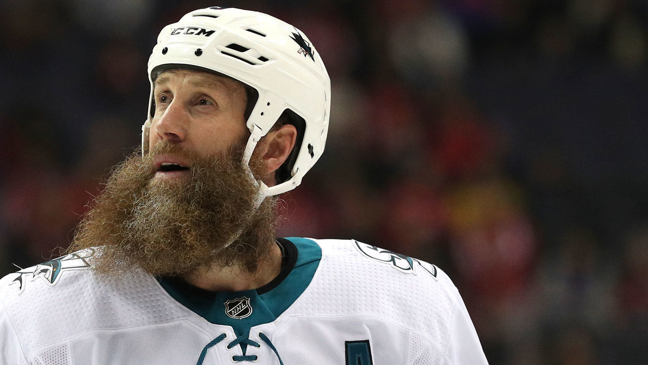 WASHINGTON, DC - DECEMBER 04: Joe Thornton #19 of the San Jose Sharks looks on against the Washington Capitals during the first period at Capital One Arena on December 4, 2017 in Washington, DC.