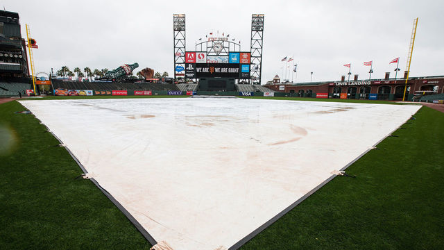 SAN FRANCISCO, CA - APRIL 09: General view of AT&T Park with a tarp covering the infield during a rain shower before the game between the San Francisco Giants and the Los Angeles Dodgers on April 9, 2016 in San Francisco, California.