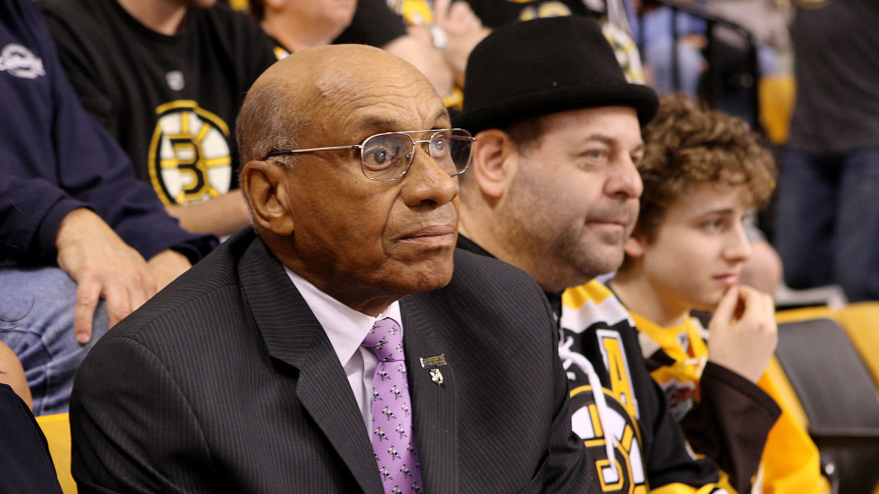 BOSTON, MA - JUNE 17: Boston Bruins legend Willie O'Ree watches the game between the Chicago Blackhawks and the Bruins in Game Three of the Stanley Cup Final at the TD Garden on June 17, 2013 in Boston, Massachusetts.