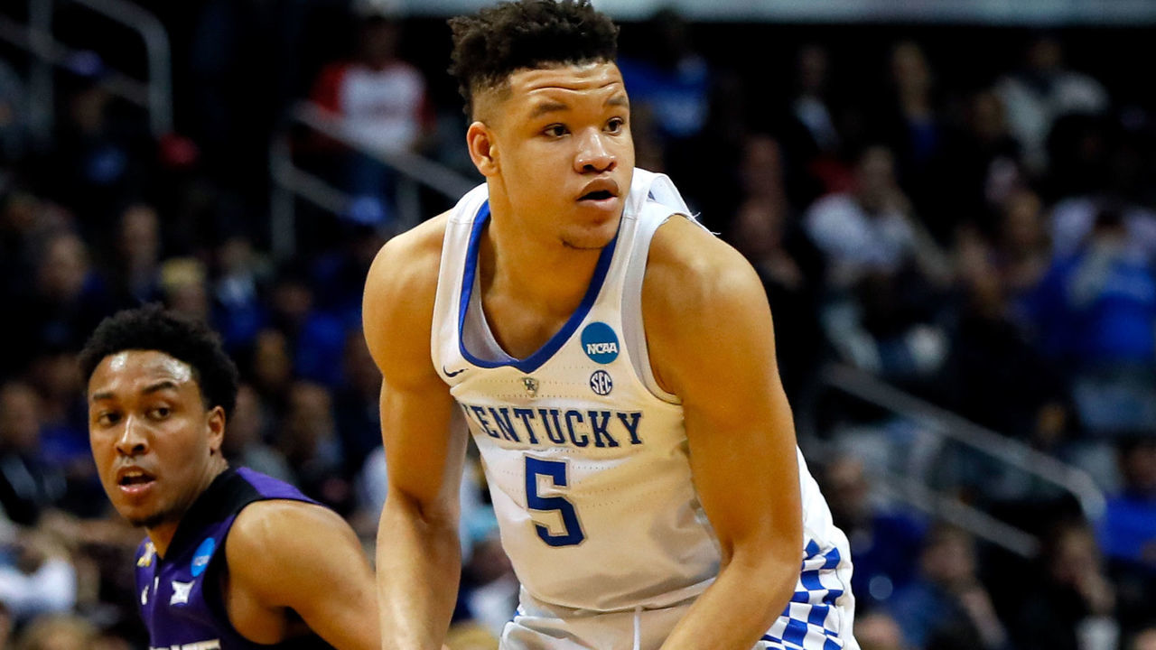 ATLANTA, GA - MARCH 22: Kevin Knox #5 of the Kentucky Wildcats reacts against the Kansas State Wildcats in the first half during the 2018 NCAA Men's Basketball Tournament South Regional at Philips Arena on March 22, 2018 in Atlanta, Georgia.