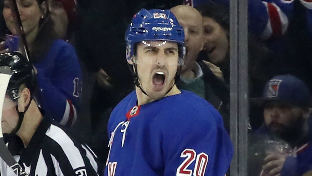 NEW YORK, NY - MARCH 14: Chris Kreider #20 of the New York Rangers skates against the Pittsburgh Penguins at Madison Square Garden on March 14, 2018 in New York City.